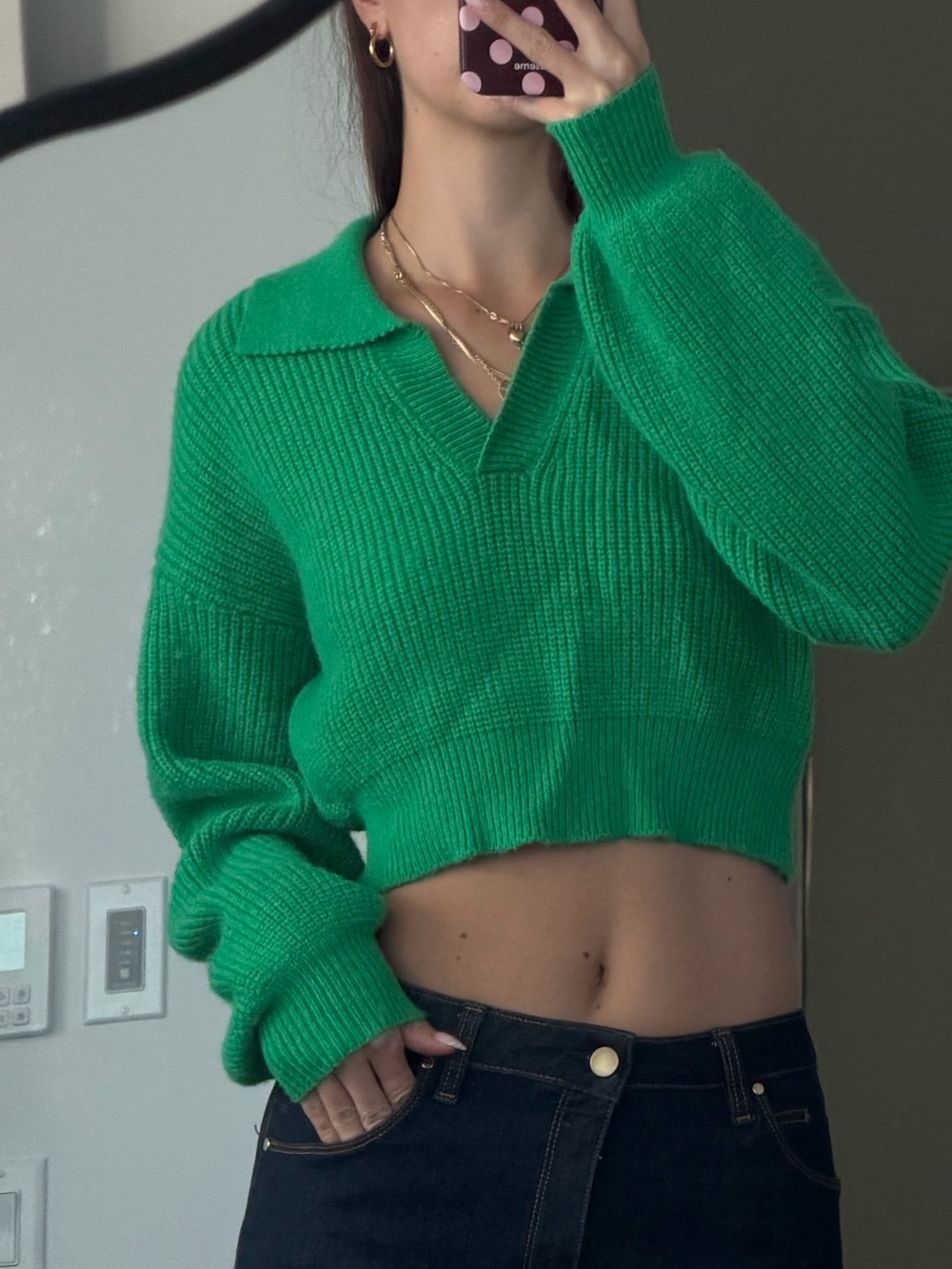 Cropped Green Collared Knit Sweater